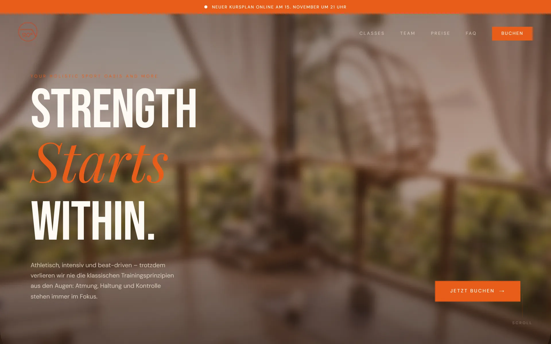 Startseite von 120° Studio mit der Headline „Strength starts within“